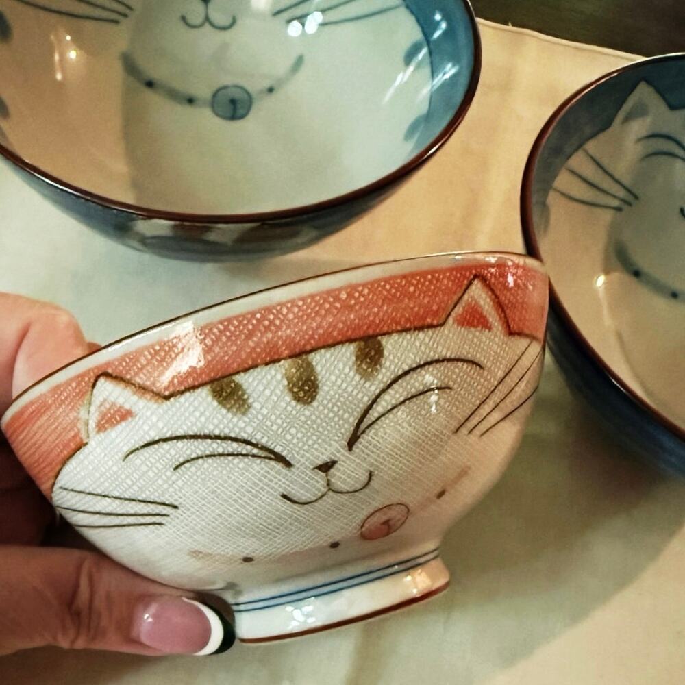Japanese Footed Cat Bowls • Set of 3 • Blue & Orange